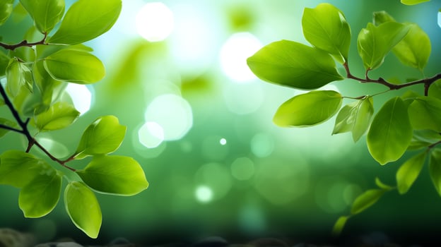 A closeup of a tree branch with green leaves on a green backdrop photo