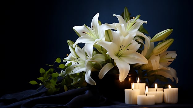 funeral memorial Peaceful lily flowers mortuary urn and candles on dark background photo
