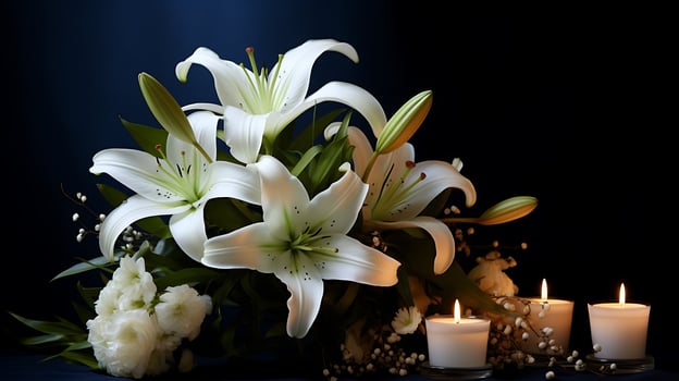 Lily flowers and burning candles on black background funeral background design photo