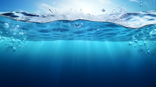 Split view of a clear blue sea with a calm water surface ocean with sunrays photo