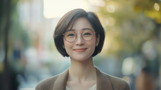 Young woman smiling outdoors in a city during autumn with soft sunlight filtering through trees photo