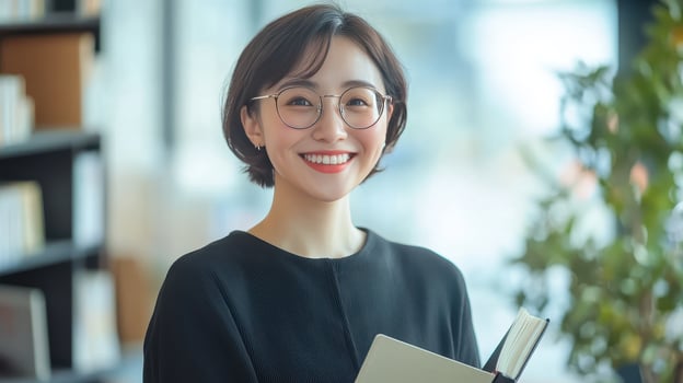 A smiling woman in a cozy cafe holding a notebook during the daytime photo