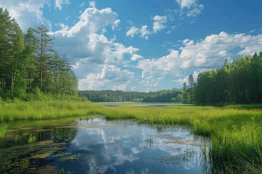 Beautiful green landscape with river and hills. Generated by artificial intelligence photo