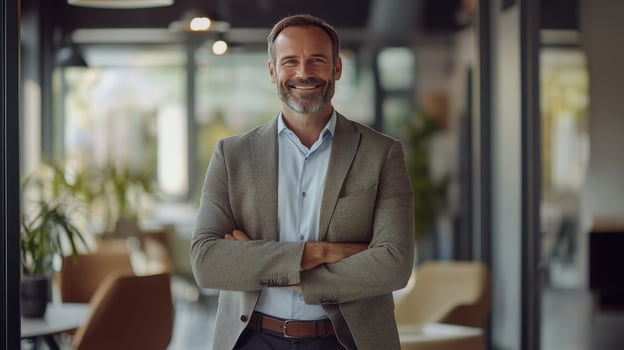 Professional man in a modern office setting smiling with arms crossed during daylight hours photo