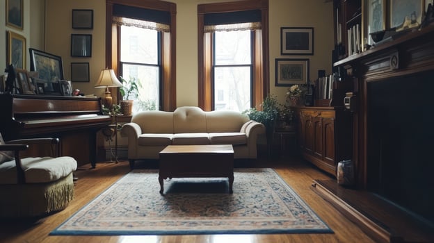 Cozy living room with vintage decor and natural light in a warm atmosphere during the day photo