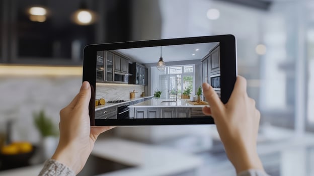 A person holds a tablet displaying a modern kitchen interior design in a bright, spacious room during daylight photo
