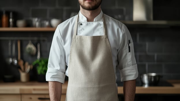 A chef stands confidently in a modern kitchen, wearing an apron and ready to prepare a meal in a cozy, well-equipped culinary environment photo