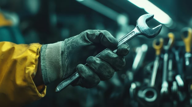 A worker holding a wrench in a dimly lit workshop with various tools in the background, showcasing a moment of focus and readiness photo