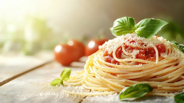 Freshly cooked spaghetti with tomato sauce and basil on a wooden table in a cozy kitchen setting during the afternoon photo