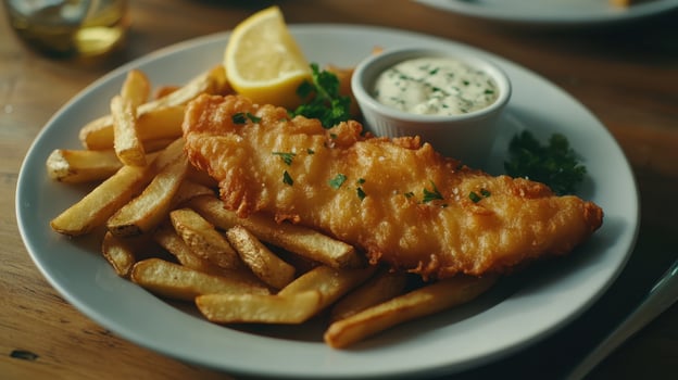 Crispy fried fish with golden fries and tartar sauce served on a white plate at a cozy restaurant photo