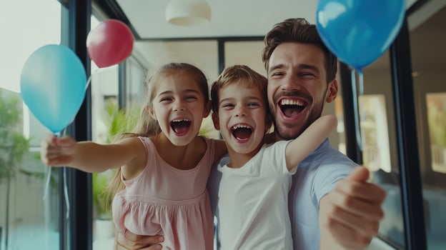 Joyful family celebration with a father and two children holding colorful balloons indoors photo