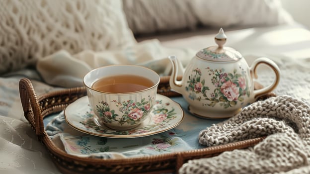 Cozy morning setupwith vintage floral tea set photo