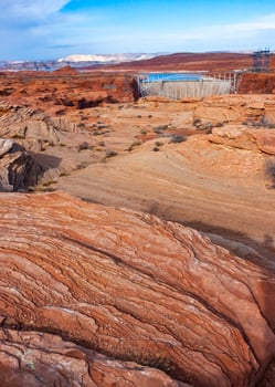 Layered weathered red sandstone rock formations photo