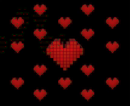 Red pixel heart on a black background. Love card concept. Saint Valentine's Day. photo