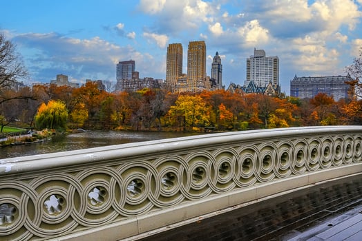 New York, Manhattan - November 30, 2009 Scenic view of a city skyline rising above a lake and colorful autumn trees, Manhattan park photo