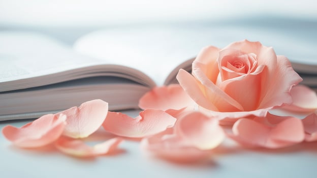 A delicate pink rose lies beside an open book, surrounded by soft petals, creating a serene and romantic atmosphere. photo