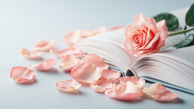 A beautiful pink rose lies on an open book surrounded by delicate rose petals, creating a romantic and serene atmosphere. photo