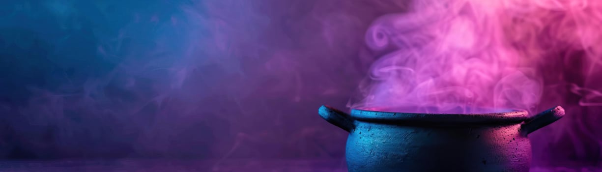 Witch's cauldron emitting magical smoke, eerie and mystical atmosphere, editorial photography, empty copy space on the right photo