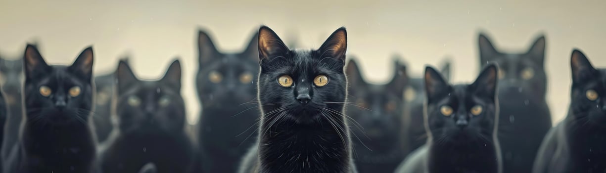 Background filled with black cats with arched backs, spooky and eerie atmosphere, editorial photography, empty copy space on the right photo