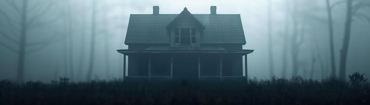 Dark haunted house silhouettes, creating a haunted atmosphere, editorial photography, empty space for text on side photo