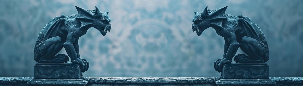 Gargoyles with fierce expressions atop pedestals, haunting and mystical scene, editorial shot, empty copy space for text photo