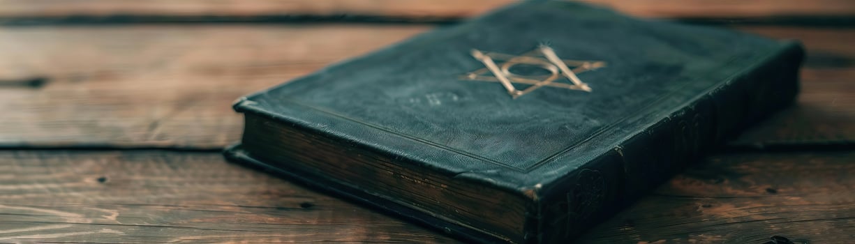 Close-up of an old witch's spell book, mystical and dark, editorial photography, empty space for text on left photo