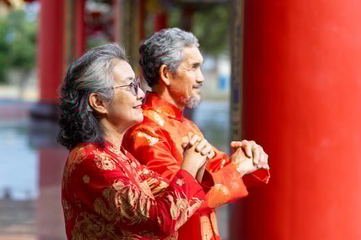 Asian marriage senior couple in cheongsam qipao dress is making a wish to ancestral god inside Chinese Buddhist temple during lunar new year for best wish blessing and good luck photo