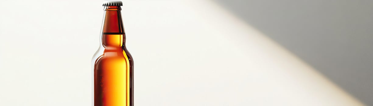 1 A highkey image of a craft beer bottle, light streaming through to highlight its contents, set against a stark white background, broad space on the left for promotional text photo