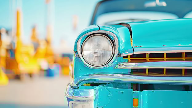 Close-up of a vintage turquoise car headlight on a sunny day, highlighting classic design elements and bright, clean look. photo