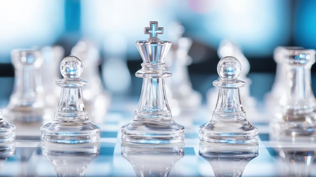 Close-up of transparent chess pieces on a board, showcasing strategy, competition, and intelligence in a serene and focused setting. photo