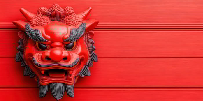 Close-up of red Chinese dragon face sculpture on wooden background. Symbol of strength, power, and tradition. Vibrant, cultural, and artistic. photo