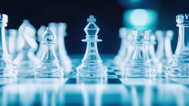 Close-up of glass chess pieces on a chess board with a blue background, highlighting the king in the center. photo