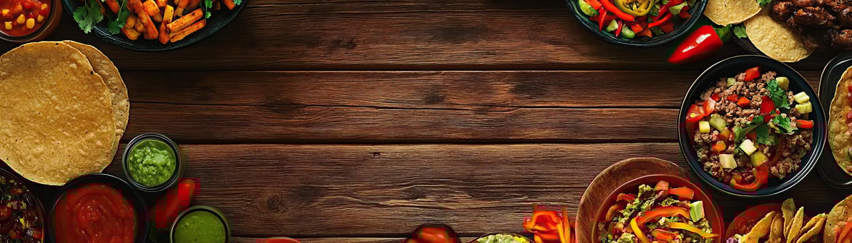 A vibrant array of fresh ingredients and dishes for a delicious Mexican feast on a rustic wooden table. photo