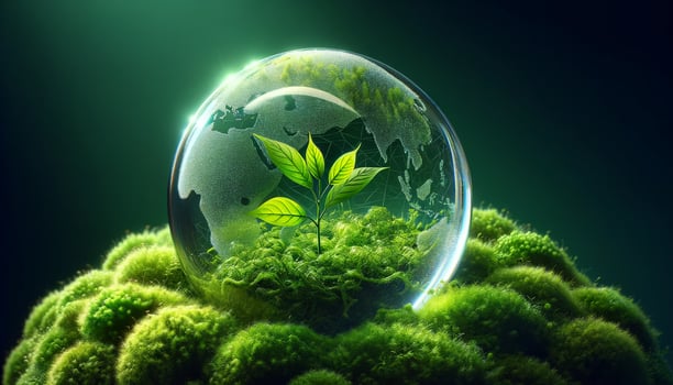 A glass globe encapsulating a small plant, symbolizing environmental conservation and growth, surrounded by lush greenery. photo