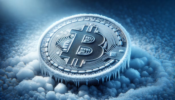 Frozen bitcoin cryptocurrency symbolizing Bitcoin winter, blockchain technology, and digital currency volatility in a chilling environment. photo