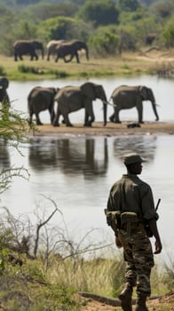 Safari ranger watching elephants by lakeside photo