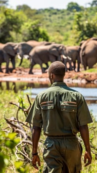 Park ranger observing elephants by a waterhole photo