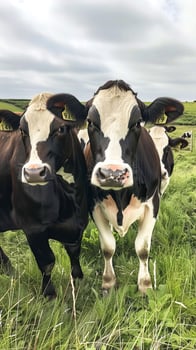 Close-up of curious Holstein cows in lush green pasture photo