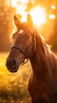 Horse with bridle bathed in warm evening sunlight photo