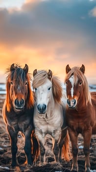 Three horses standing together at sunset on the beach photo