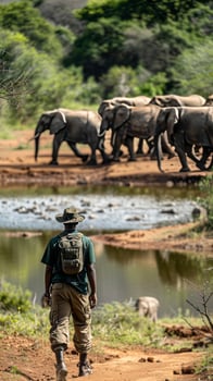Ranger observing herd of elephants by watering hole photo