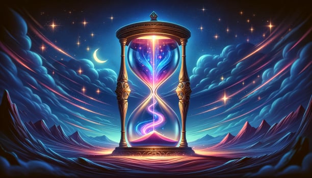 A mystical hourglass in a dreamy night sky with clouds, stars, and mountains, symbolizing the passage of time and infinity. photo