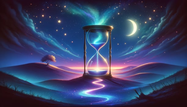 Surreal night landscape with glowing hourglass, starry sky, crescent moon, and illuminated path making it a mystical and enchanting scene. photo