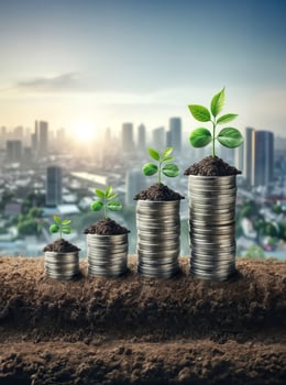 Stacks of coins with green plants symbolize financial growth and investment opportunity against a cityscape backdrop at sunrise. photo