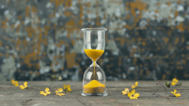 Yellow Sand Hourglass Surrounded by Flowers on Wooden Surface photo