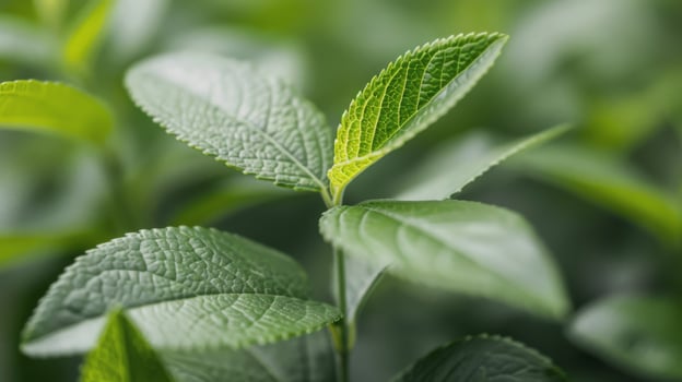 Close-Up Of Dewy Green Leaves In A Lush Garden During Early Morning photo