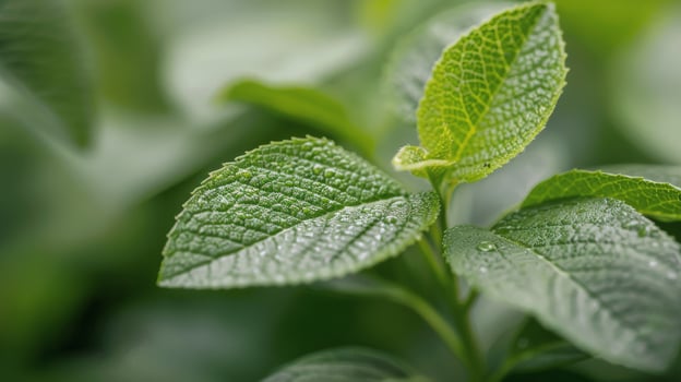 Close-Up Of Dewy Green Leaves In A Lush Garden During Early Morning photo