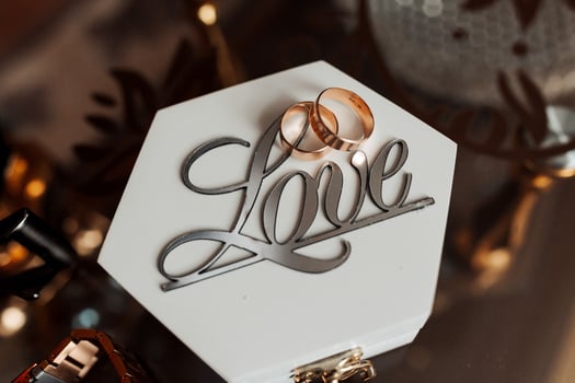A white box with a heart on it and two rings on top of it. The box is labeled Love photo
