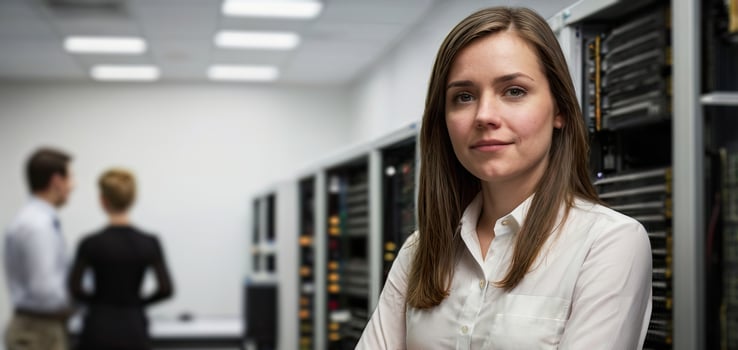 Database Engineer Woman. A young woman standing in data center. photo