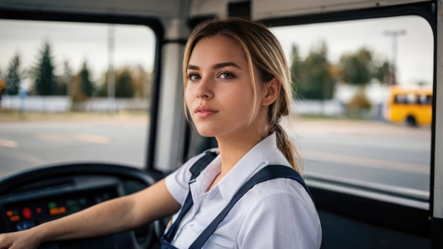 Female Bus driver. portrait of young woman in uniform looking at camera while driving bus photo